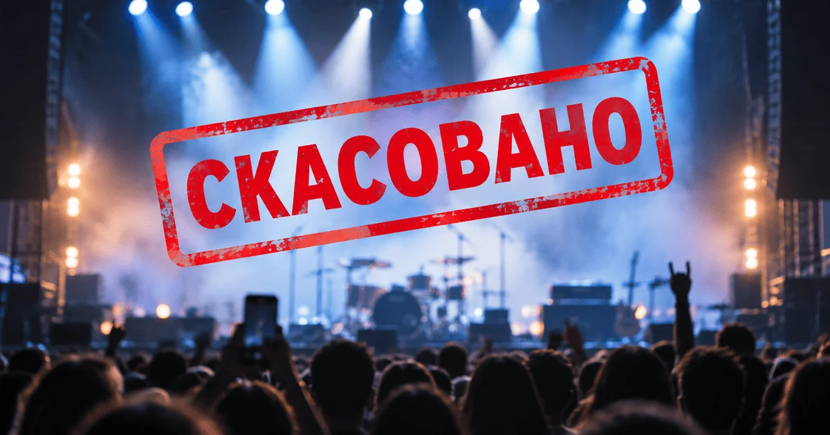 Концертна сцена з натовпом під прожекторами і червоним штампом Скасовано